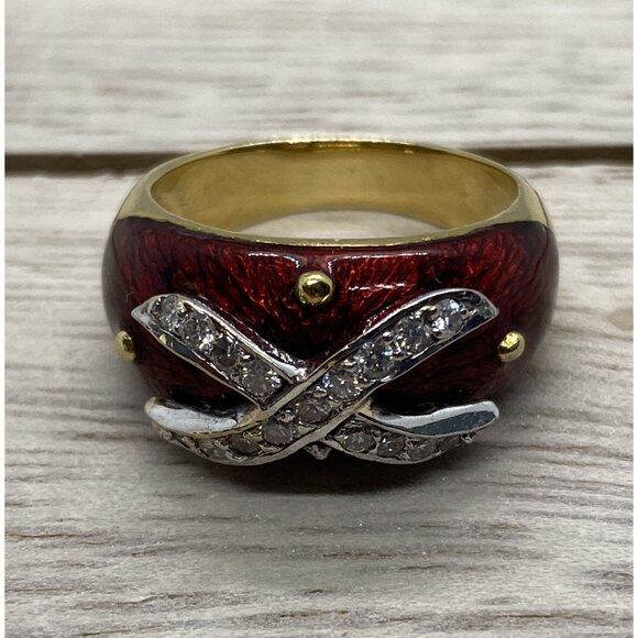 Hidalgo 18K 750 Yellow Gold Diamond Enamel Ring Size 6.5 - Picture 2 of 10